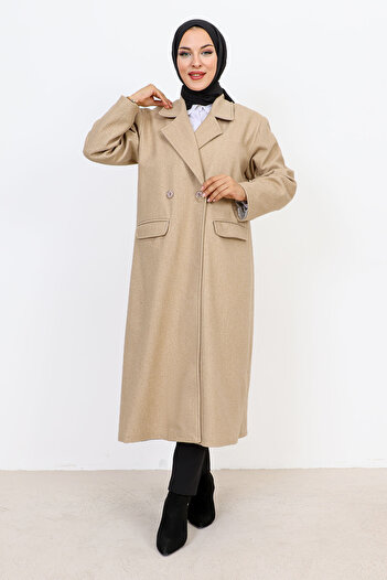 Tesettür Dünyası Double Buttoned Coat with Cover Pockets TSD231109 Beige