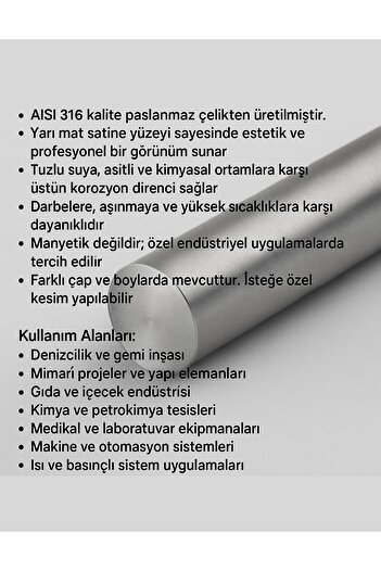 PÇS Paslanmaz Paslanmaz Çelik 316 Çubuk ( Mil ) Ø 10 Mm (1 METRE)