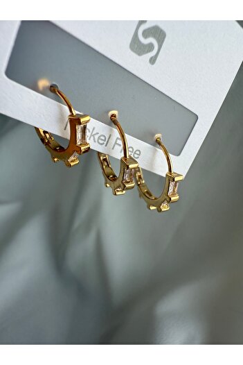 LUSORA ACCESORY Zircon Stone Gold Color Plated Nickel Free Modern Hoop Earrings