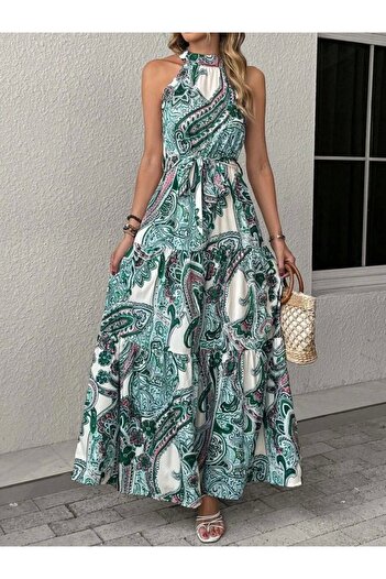 velmorafashion Γυναικείο φόρεμα με γιακά Halter Off-the-Shoulder με ζωνάκι Maxi με σχέδιο μονόχρωμο