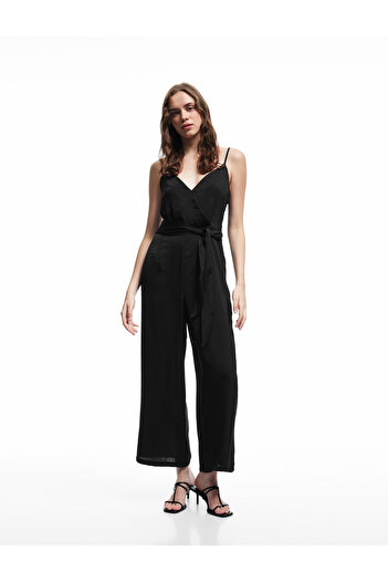 Koton Aerobin Fabric Belt Detailed Double Breasted Straps Wide Leg Long Satin Jumpsuit