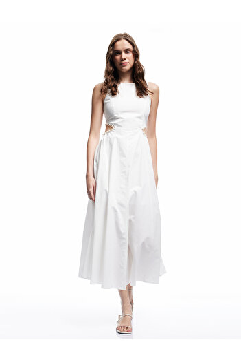 Koton Cotton Lined Crew Neck Window Detail Beaded Sleeveless Midi Dress