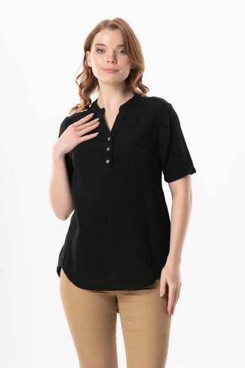 Eliş Şile Bezi Gugün Blouse with V-Neck in Black Syh, Short Sleeve Ypg