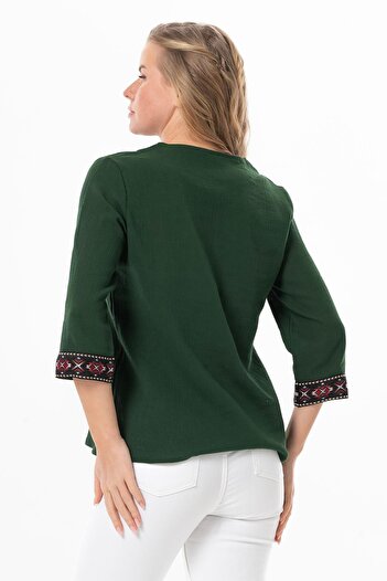 Eliş Şile Bezi Truvakar Sleeve V-Neck Embroidered Talya Şile Cloth Summer Blouse Green Ysl