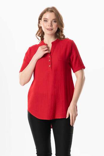 Eliş Şile Bezi Short Sleeve Rose Day V-Neck Blouse (Red & Krmz)
