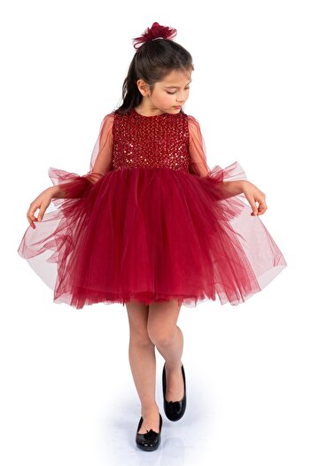 Mnk Sequin Tulle Girl's Dress 0285 Burgundy