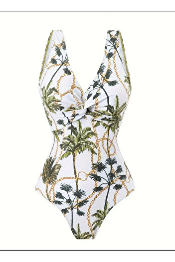 Phellos Chain and Palm Patterned Women's Swimsuit & Pareo Set – Stylish Summer Set
