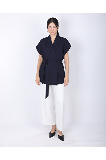 deqfashion Women's Navy Blue Off-Shoulder Oversize Belted Vest