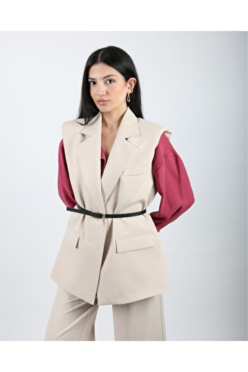 deqfashion Women's Beige Padded Belted Oversize Vest