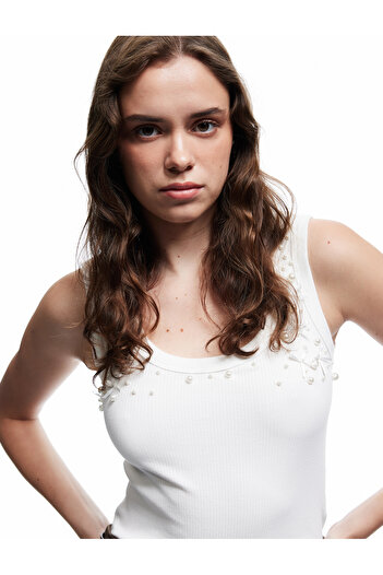 Koton Cotton Slim Fit Pearl Embroidery Detailed Bow U-Neck Tank Top