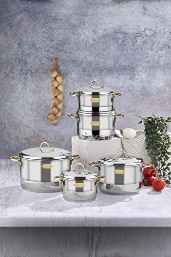 Bonera Nirvana 10 Parça Gold Detaylı Çelik Tencere Seti