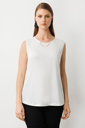 Ekol Women's Plus Size Buttoned Blouse with Necklace and Undershirt 3650 Black