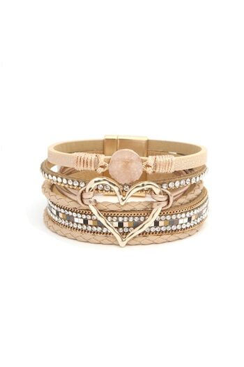 Tessero Women's bracelet made of natural leather with multiple strands, heart pattern, magnetic clasp, gemstones