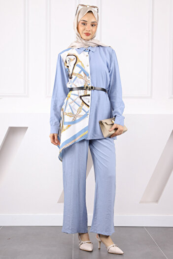 İmajButik Baby Blue Patterned Modal Tunic Pants Set