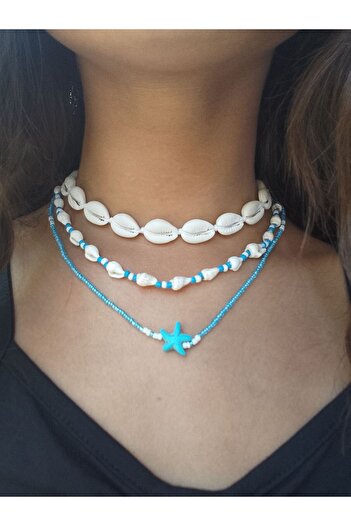 Stoneday Seashell Blue Beaded Star End 3-Piece Summer Necklace Set