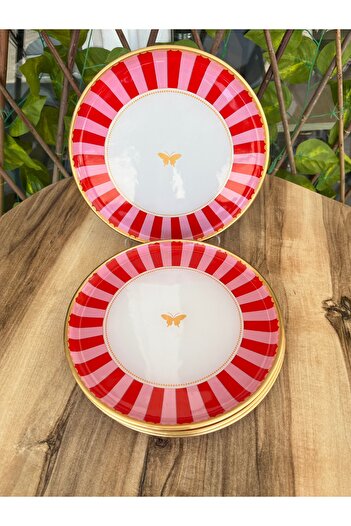 GÜRCÜGLASS Pink Butterfly Serving Plate 6 Pcs