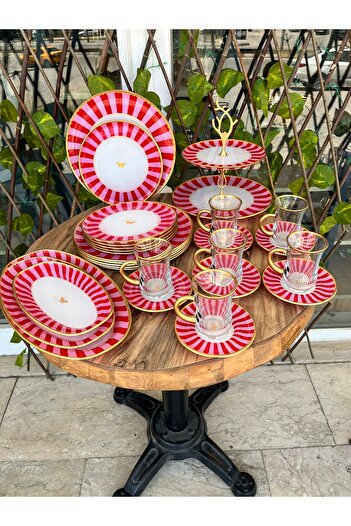 GÜRCÜGLASS Pambe Butterfly 28 Pcs Breakfast Set with Handle