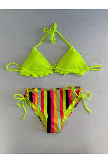 hazelin Women's Neon Yellow Color Patterned Halter Bikini Suit Hzl25S-Lc3350