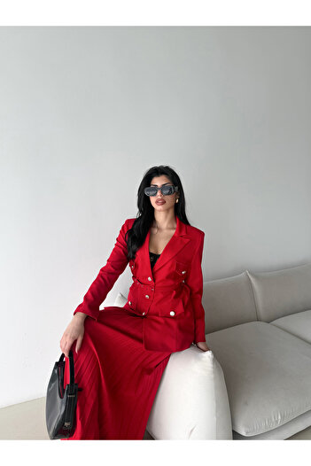 Female Clothing Kemerli Blazer Ceket Piliseli Etek Takım