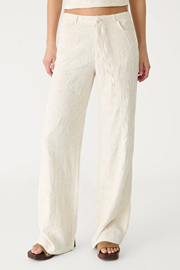 Stradivarius Linen blend embroidered straight-leg trousers