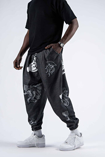 Superbluemexico Men's Elastic Waist Loose Smoked Jogger Pants