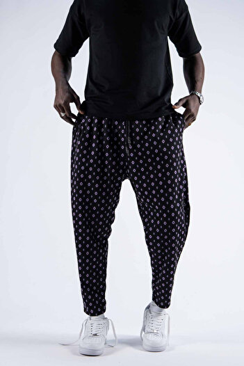 Superbluemexico Men's Patterned Jogger Black Baggy Trousers