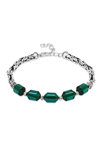 Tesbihane Non-Tarnish Metal King Chain White Dorica Ball Decorated Turquoise Fire Amber Men's Bracelet