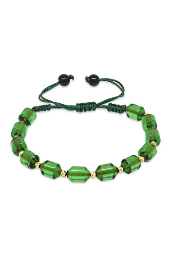 Tesbihane Macrame Braided Yellow Dorica Ball Decorated Water Green Fire Amber Women's Bracelet