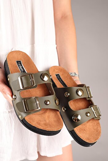 Birikon Marty Round Accessory Double Buckle Slippers Khaki