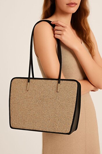 Timeless Straw Textured Shoulder Bag – Black Detailed, Gold Accessories