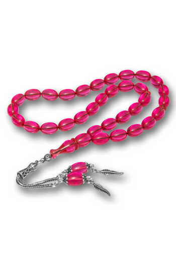 BESKAR Silver Tasseled Pink Fire Amber Prayer Beads