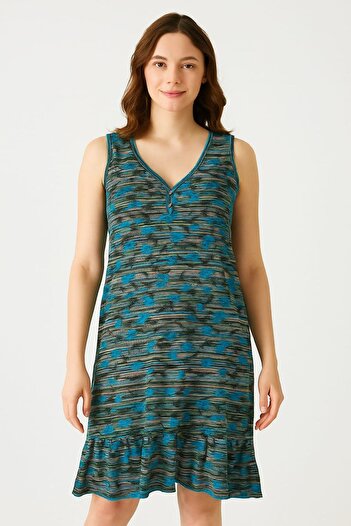 enmodaiçgiyim Floral Print Colorful Striped Sleeveless Women's Dress - Ruffled Hem