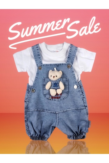 N&N kids Pocket Teddy Bear Jeans Salopet White T-Shirt 2-Piece Jumpsuit Set