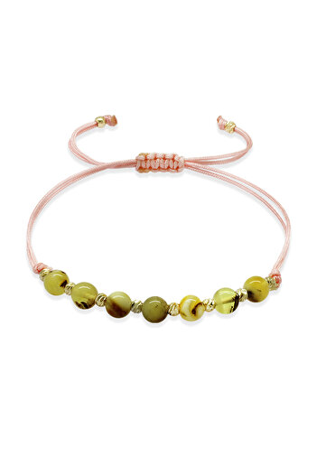 Tesbihane Macrame Braided Sphere Cut Pink Drawstring Yellow White Color Natural Drop Amber Women's Bracelet