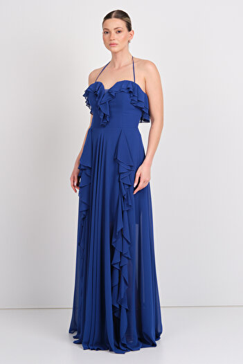 Saygın Women's Halter Neck Heart Collar Ruffle Detailed Long Evening Dress 5612 Saks