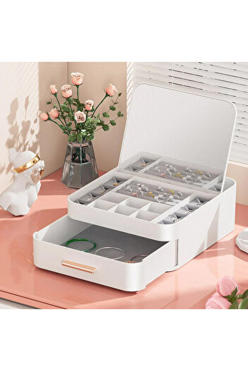 URVE House by House Multi-Compartment Makeup Jewelry Organizer Cream with Drawers and Mirror