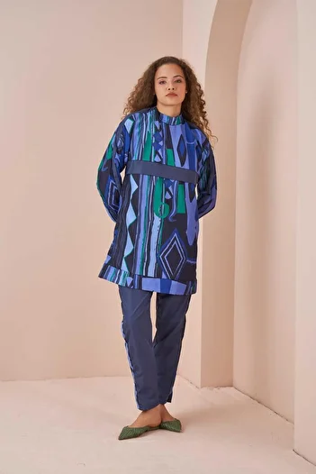 Mevra Ethnic Pattern Hijab Swimsuit Short Indigo