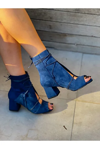 BERFONA Smile Dark Blue Suede 5 cm Heel Summer Boots Sandals