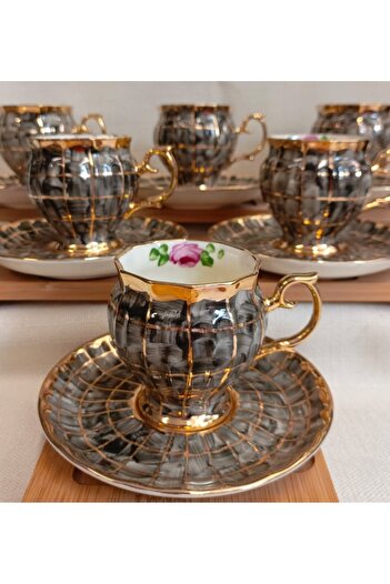 BY.RAYKA PORSELEN El Dekor Plaid Porcelain Hand Painting Coffee Cup Set Gray