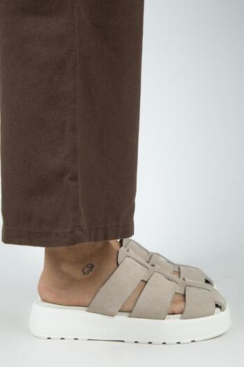 Manijero Rodin Women's Genuine Leather Three-Stripes Sabo Beige Slippers