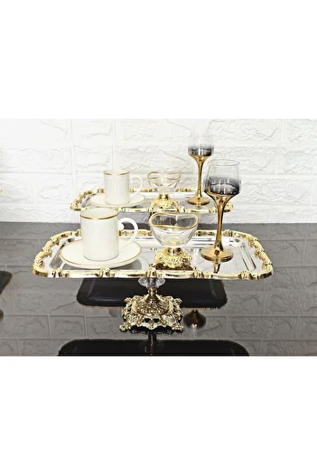 atabey home collection 2 Pieces Baton Silver Presentation Tray Gold Rose Framed & Coffee & Tea Tray 32cm