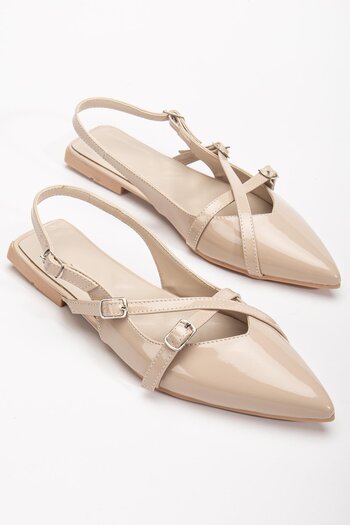 Dilimler Ayakkabı Badın Babet Ten Patent Leather Cross Strap Open Back Pointed