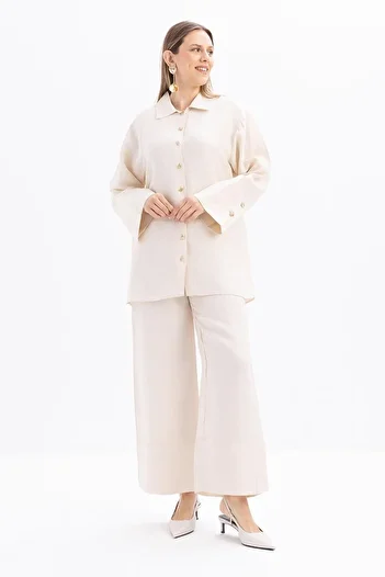 ALLDAY Stone-Wide Folded Slit Linen Trousers Suit