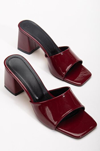 Dilimler Ayakkabı Patent Leather and Plain Tekband Burgundy Patent Leather Women's Heeled Slippers