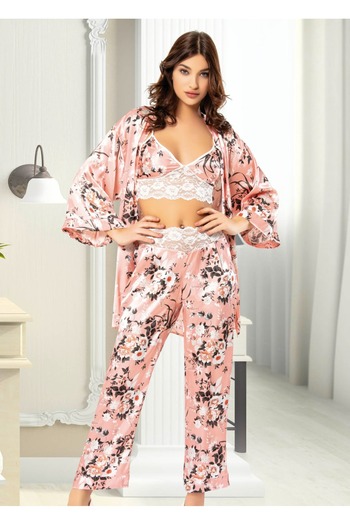 Miss Laris Lingerie Floral Patterned Women's Satin Pajama Set with Dressing Gown Set of 3