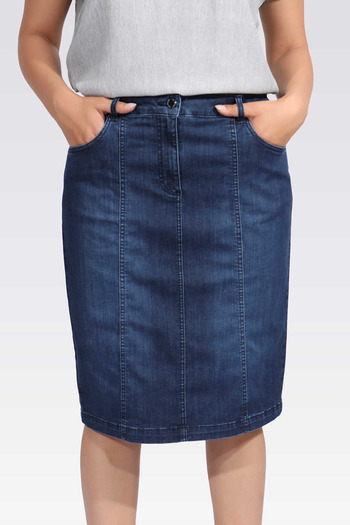 TOLGA SARAÇOĞLU 20040 Dark Blue Midi Length Denim Skirt