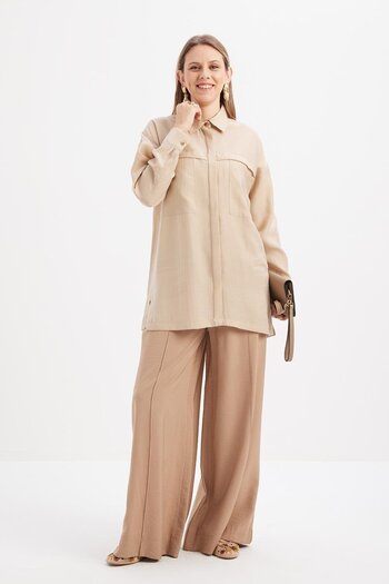 ALLDAY Beige-Pocket Hidden Placket Shirt Tunic