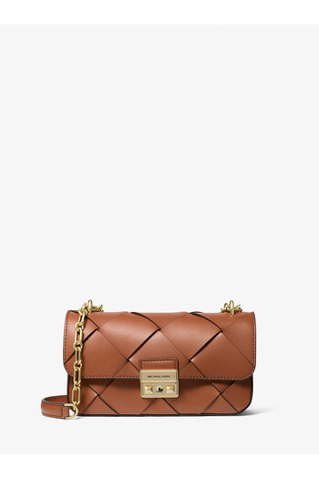 Michael Kors Women's 100% Leather Quilted Patterned Brown Shoulder Bag with Gold Metallic Closure Chain Shoulder Strap 30