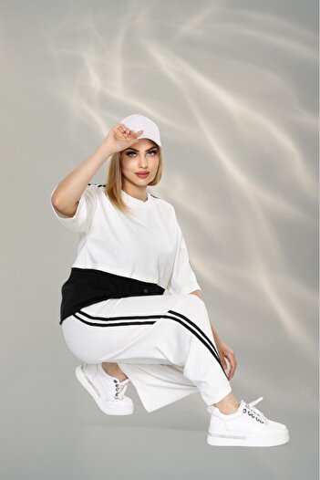 NEWCO Women's Sporty-Chic Suit – Button Detailed Top & Side Stripe Pants