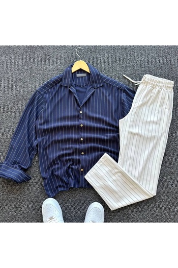 Fifty Color Alaçatı Style Crepe Fabric Line Detail Unisex Shirt and Pants Set